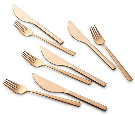 ECHTWERK pizzabesticksset, pizzabestick, köttbestick, middagsset 8-delat för max. 4 personer, Med 4 pizzaknivar och 4 pizzagafflar av rostfritt stål, Bronze Edition