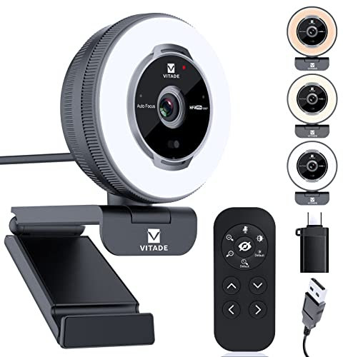 Vitade Streaming Webcam avec anneau lumineux,Webcam zoom avec télécommande,1080P 60FPS,Mise au point automatique rapide,Capot de protection d'écran intégré, zoom, Skype
