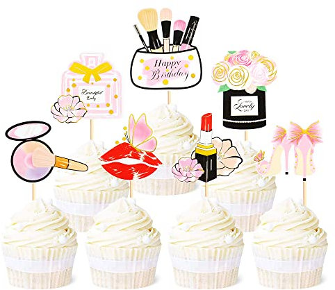 28 Stück Kosmetik Cupcake Dekorationen, Kosmetik, Lippenstift, Wimpern Kuchen Dekorationen Picks Make-upThema Mädchen Geburtstag Party Dekoration Zubehör