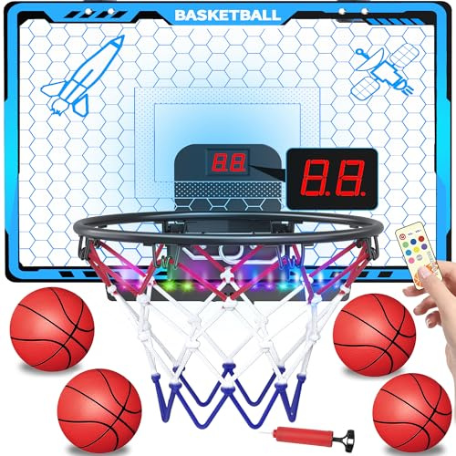 Awsoo Indoor Basketball Hoop for Kids, Mini Basketball Hoop with Electronic Scoreboard & LED Lights, Over The Door Basketball Hoop with 4 Balls, Slam Dunk Basketball Toy for Boys Girls Age 3-12 (Blue)