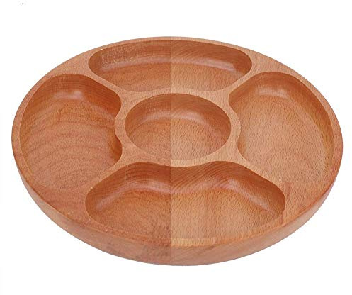 Joyzan 30cm Round Wood Tray, 5 Section Snack Serving Platter | Reusable Round Tray with Deep Compartments to Keep Food Separated