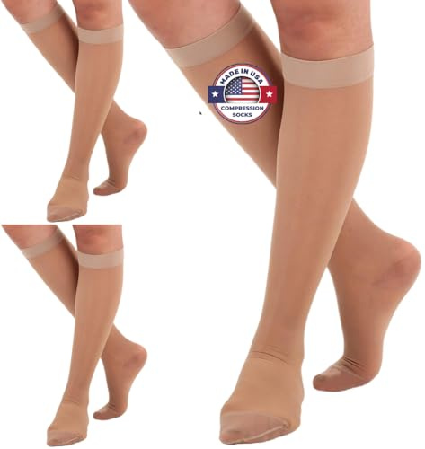 (3 Pairs - Closed Toe) Made in USA - Sheer Compression Stockings for Women 15-20mmHg - Womens Compression Socks for Circulation during Travel, Airplane, Sport, Athletic - Natural, X-Large - A101NA4-3
