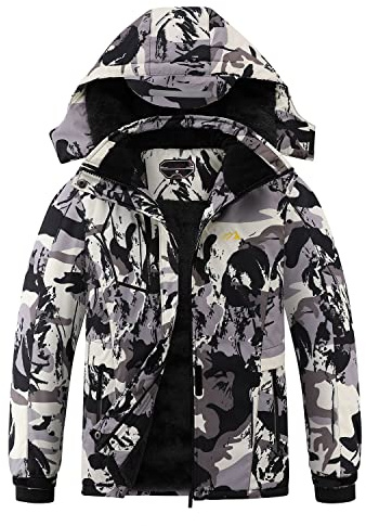 Lonthanly Kid's Ski Jacket Winter Waterproof Coat girls boys Fleece Snowboarding Jackets with Detachable HoodWhite camo-14-16