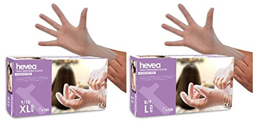 Hevea - Gants en vinyle jetables. Sans talc et sans latex. Boîte de 100 gants. Taille : XL (Très grande) & Gants en vinyle jetables. Sans talc et sans latex. Boîte de 100 gants. Taille : L (Grande)