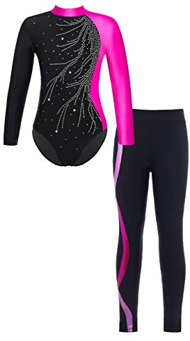 renvena Mädchen Gymnastikanzug mit Hose Leggings Turnanzug Langarm Bodysuit Trikot Body Lange Hose Skinny Tight Kinder Sport Ballett Kleidung Hot Pink 122-128/7-8 Jahre