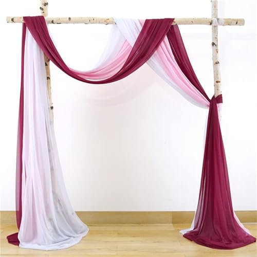 70 * 300cm Foto Hintergrund Hochzeit Vorhang Deko,2 Stück Hochzeit Bogen Chiffon Stoff Querbehang Deko Gardinen Freihanddeko Dekoration für Fotografie Party Geburtstag Taufe -Weiss + Weinrot