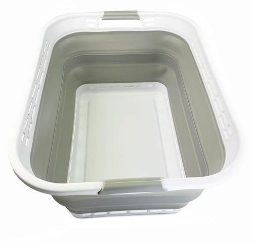 SAMMART Cesta plegable de plástico para la colada de 42 l (11 galones), contenedor de almacenamiento plegable y organizador, bañera de lavado portátil, cesta de ahorro de espacio (blanco/gris claro)