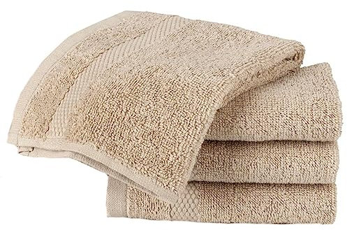 Sue Rossi Face Cloth Set of 4, Egyptian Combed Cotton, 30cm x 30cm Wash Cloth Flannel, Very Soft & Absorbent, Quick Dry 600gsm Bathroom Towels. (Stone)