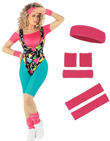 Morph Aerobic Body 80er Neon Damen, 80er Jahre Halloween Kostüm Damen | Bardot-Top, Neon-Leggings, Stulpen & Stirnband, Neon-Design, Perfekt für Halloween, Ideal zum Verkleiden