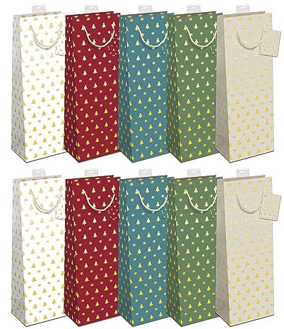 Geschenktüten Flaschen Weihnachten | Stabiler Boden, Randverstärkung | FSC®-zertifizierter Karton (150 g/m²) | Griff & Beschriftungskarte | Flaschentüten Weihnachten (12×39×10 cm), 10 Stück