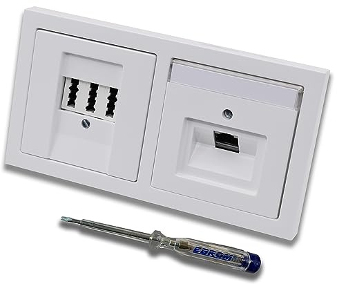 Busch Jäger, Rutenbeck Unterputz Netzwerkdose 10 Gigabit/S (10GbE) KAT6A 6A 1xRJ45 Anschluss + EBROM Telefon TAE 3x6 NFN Dose in BJ Future Linear Studioweiß + EBROM Phasenprüfer z. Montage d. Geräte