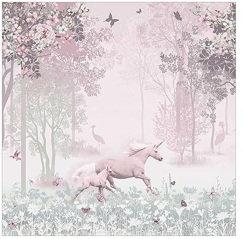 Bilderwelten Fototapete Kinderzimmer Einhorn auf Blumenwiese in Rosa 240 x 240 cm Vlies-Tapete XXL Smart Wandtapete Wanddekoration Kindertapete