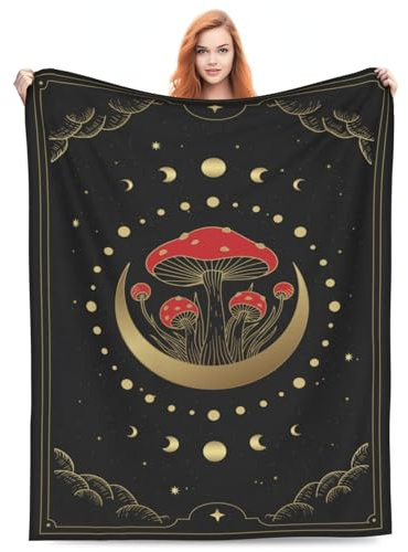 Pilz-Mond-Alchemie-Astrologie-Decke, dunkles Boho-Tarot-Pilz, Geschenke für Damen und Herren, weiche, warme Flanell-Überwurfdecke für Bett, Zuhause, Sofa, Valentinstag, Dekoration, 152,4 x 127,7 cm