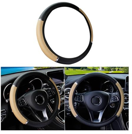 Adunsiaoto Coprivolante Auto Universale, Decorazione per Il Volante Auto, Universale 38cm Protezione Custodia Volante Auto Cover, Microfibra Antiscivolo Traspirante Durevole Coprivolante(Nero Beige)
