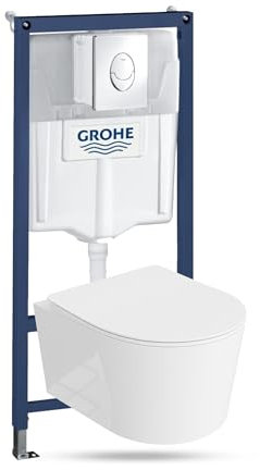 LAVITA Vorwandelement Solido Start + Wand Hänge WC Loso Weiß Spülrandlos + WC Sitz mit Absenkautomatik Verchromter Knopf Komplettset Unterputz Spülkasten Toilette Komplett Sett WC