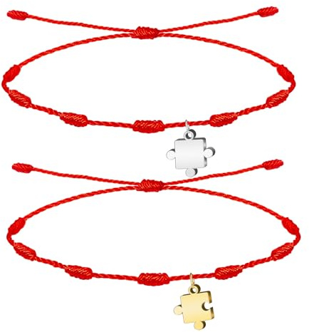 cotigo Bracciale 7 nodi rosso per regali di coppia - Bracciali per coppie Regali perfetti per San Valentino - Bracciale con filo rosso, portafortuna e protezione (Puzzle - Argento e D'oro)
