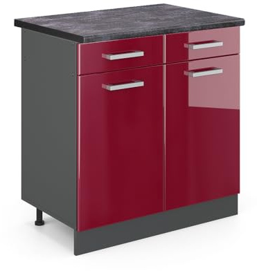 Vicco Küchenunterschrank R-Line, Rot Hochglanz, 80 cm | 2 Schubladen · AP Anthrazit inkl. · Höhenverstellbare Füße · 2 Türen · ✓ Leichter Zugriff