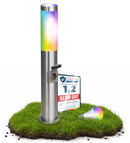 linovum BOSEA-S Energiesäule 50cm Edelstahl Smart E27 WLAN RGBW Steckdose | Standleuchte 50cm mit Schuko-Steckdose - per App steuerbar, RGB-Farblicht, für Garten & Wege, bis 3600W, IP44, inkl. LED