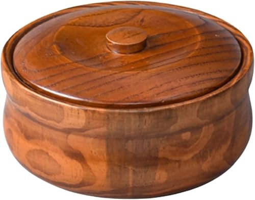 Cuenco rústico de madera con tapa, hecho a mano, para almacenamiento de sopas y ensaladas (18 x 7,5 cm)