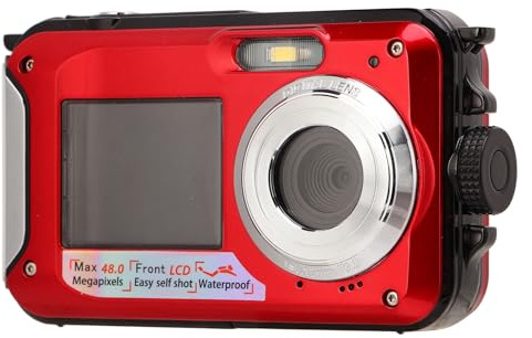 Cámara Digital Impermeable Ultra HD 2.7K de 48 MP, Pantalla Dual, 10 Pies bajo el Agua, con Zoom Digital de 16x (Rojo)