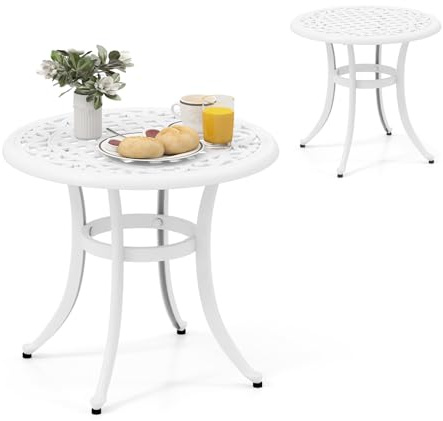 KOMFOTTEU Bistrotisk rund, trädgårdsbord, balkongbord av gjuten aluminium, rostfritt bordsbord, 60 cm i diameter, soffbord, tebord med metallram för trädgård, terrasser, balkong (vit)