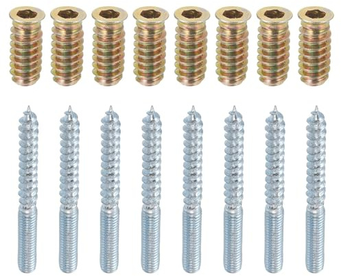 TOP-VIGOR 8Pcs M6x60mm Hanger Bolts, 36mm Wood Dowel Screw Self-Tapping Screw with M6x24mm Threaded Insert Nuts Interface Hex Socket Drive for Joint Furniture Legs