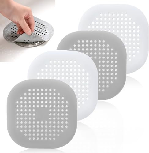 4 Piezas Silicona Protector de Drenaje, con Ventosas,Cubierta de Desagüe de Ducha, Filtro de Cabello Protector de Drenaje Plegable, para Baño, Bañera, Ccocina (Blanco + Gris)