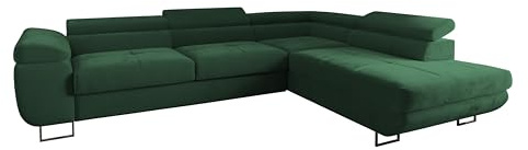 Ecksofa Luna mit Schlaffunktion und Bettkasten – 275x202 cm – verstellbare Kopfstützen – Liegefläche 193x125 cm – Couch – Schlafsofa – L-Sofa mit Stauraum (Monolith 37 Flaschengrün, Seite: Rechts)