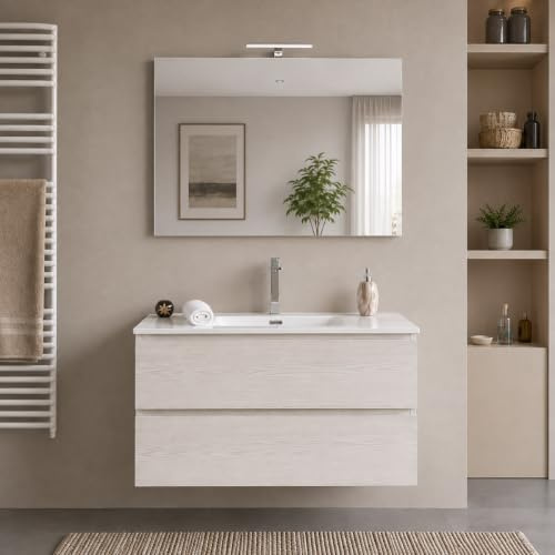 Yellowshop | Mobile Bagno Sospeso CLOE - Composizione Completa con Lavabo Ceramica e Specchio, Chiusura Soft Close, Finitura Frassino Moirè (60 cm, Composizione Completa)