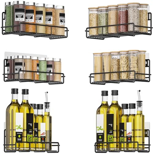 OUUTMEE 6 Pack Wall Mounted Spice Rack Organizer, Space-saving Spice Shelf Organiser for Jars and Seasonings, Hanging Condiment Holder for Cupboard, Kitchen Essentials, Home Organisation
