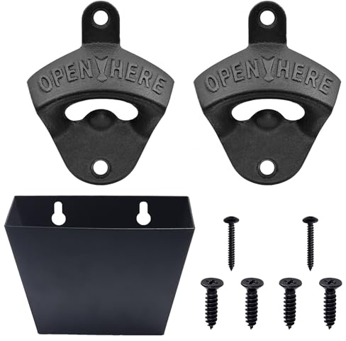 Luwanburg Black Bottle Opener Wall Mounted Cast Iron Beer Top Opener with Cap Catcher Bucket for Home Bar KTV Hotel