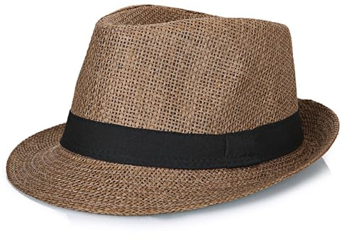 HEYANN Unisex Fedora-hatt, Fedorahatt i nät för män, Trilby halmhattar för sommar, Panama Beach Solkeps, rullat brätte sommarhattar för kvinnor och män, Kaffe, L