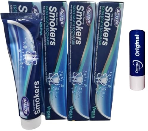 Smokers Tooth Paste Active Oral Care Fresh Mint, Vegan, 4X 100ML with Free Orignial Lip Balm