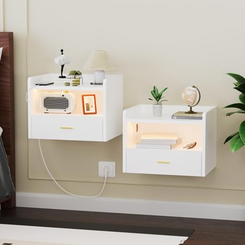 Ztexkee Lot de 2 Tables de Chevet murales Table de Nuit avec Prise et Bande Lumineuse RVB Tables de Chevet Suspendue avec 1 tiroir et Compartiment pour la Chambre à Coucher, Le Salon Blanc