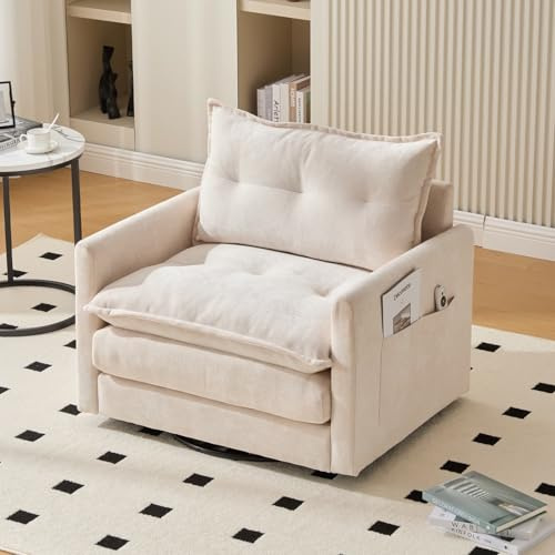 PUGSDRLY Fauteuil Salon,Chaise Pivotante à 360° avec Large et épais Coussin,Poches Latérales,Fauteuil Relax,Grand Canapé d'angle Simple pour Salon,Chambre Bureau (Beige)