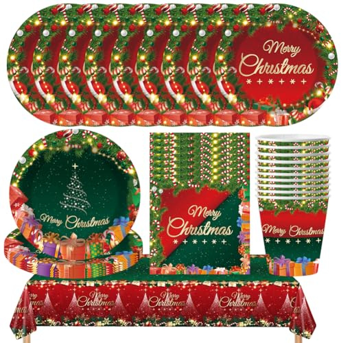 Christmas Party Tableware,Christmas Tableware Set,Party Festive Plates, Cups, Napkins,Tablecloth (D-51Pcs)