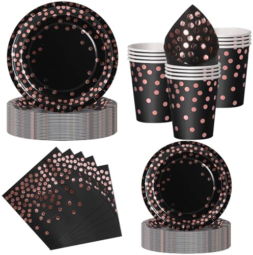 Nkaiso 50 Pcs Noir et Rose Or Assiette Jetable Anniversaire -10 invités | 10 Assiettes Plates, 10 Assiettes Dessert, 10 Gobelets, 20 Serviettes - Pour Anniversaire, Mariage, Decoration Party