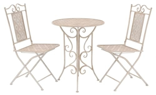 Teenpull 3-TLG. Bistro-Set, pulverbeschichteter Stahl, Weiß, handbemalte Details, 60 cm Tisch, Klappstühle für Garten, Balkon, Terrasse