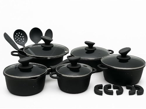 Cecaro Group – Batteria in Pietra Lavica 21 Pezzi Completa di Coperchi, Manici e Accessori - Nera