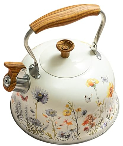 Bouilloire à sifflet en acier inoxydable de qualité alimentaire, 3 L, élégante, florale, avec poignée en bois, eau chaude et théière à ébullition rapide, pour la maison, le camping, tous les types de