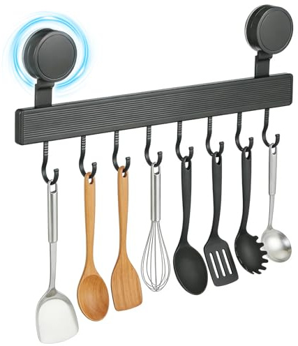 ZBXSNK Utensil Rack with Suction Cup, Kitchen Rail 20kg Load Capacity, 40cm Kitchen Utensils Holder Wall Mounted with 8 Sliding Hooks for Spoon Spatula and Cooking Accessories - No Drilling