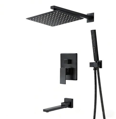 SHUGUANG Duschsystem Unterputz, Unterputz Duscharmatur Set Schwarz mit Drehbar Badewannenhahn, 25 x 25cm Duschkopf Quadratisch und 3 Strahlarten Handbrause, Regendusche mit Armatur, Wandmontage