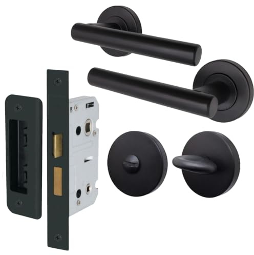 EAI Matt Black Door Handles with Bathroom Lock 64mm - Oliena | Complete Bathroom Kit with 1 Pair of T-Bar Door Handles, 64mm Lock, Thumb Turn Set and Fixings Included