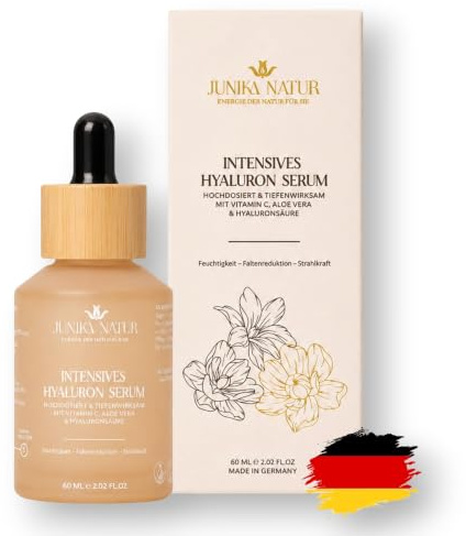 Hyaluron Serum hochdosiert 60 ml mit Vitamin C und Aloe Vera, Gesichtsserum | vegan, ohne Alkohol und Parfüm, leichte Textur, ideal unter Make-up, für alle Hauttypen, Damen und Herren