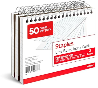 Staples Index Cards, 4 x 6, Lined, White, Acid‑Free, Micro‑Perforated, 150 Cards – Tear‑Off Ruled Cards for Notes & Projects