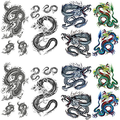 Yesallwas 8 Hojas de Tatuajes Temporales para Adultos y Niños,Dragón Falsas Tattoo Calcomanias Realistas Impermeable para Brazos, Hombros para festival,9 cm x 19 cm