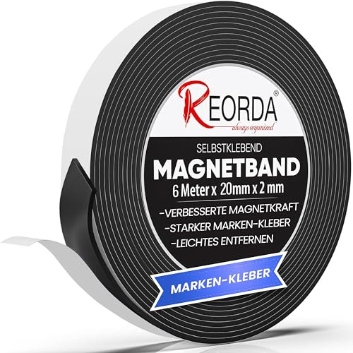 REORDA® Magnetband selbstklebend stark - Magnetstreifen selbstklebend mit extra starkem Marken-Kleber - Magnetklebeband mit optimierter Magnetkraft - Magnet Klebeband