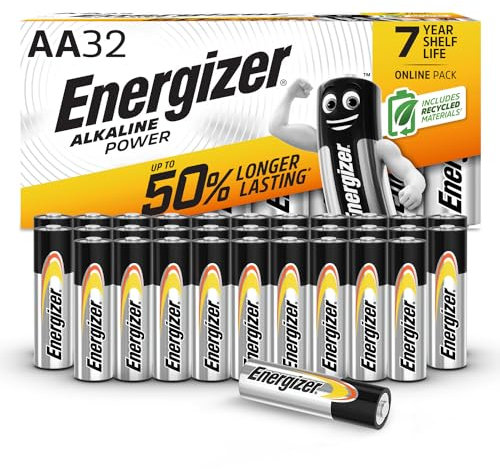 Energizer Alkaline AA Batteries (32 Pack) - Alkaline 1.5V - Up To 50% Longer Lasting - Reliability For Everyday Devices - 0% Plastic Packaging - 7-Year Storage Amazon Exclusive (Packaging may vary)