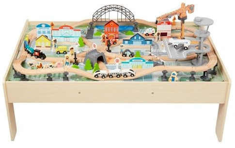 Amazon Basics 120-teiliges Eisenbahn-Set und Tisch, 120,4 x 85 x 41 cm, Verschiedene