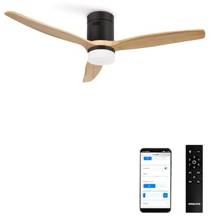 CREATE / WINDCALM M/Deckenventilator ABS Schwarz mit Beleuchtung Hellesholzflügel-Optik mit WLAN und Fernbedienung / 40W, Leise, Ø132cm, Timer von 1 bis 4 Std, Sommer-Winterbetrieb
